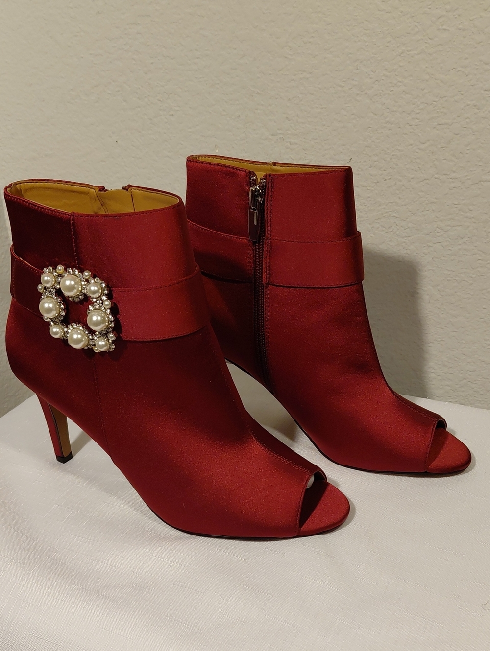 J. Renee Red Satin Peep-Toe Ankle Boots w/Pearl Accent
